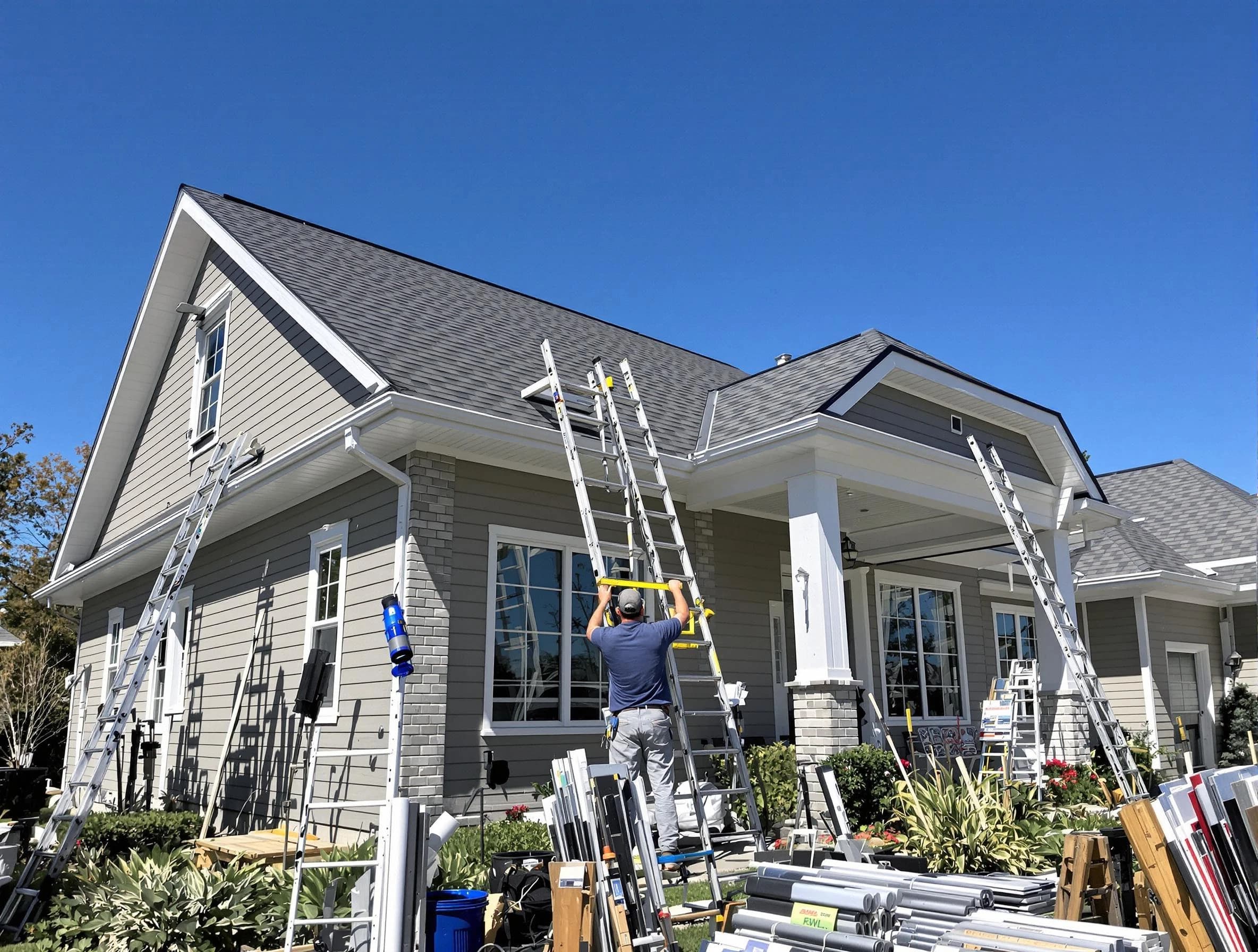 Berea Roofing Company fitting rain gutters at a home in Berea, OH