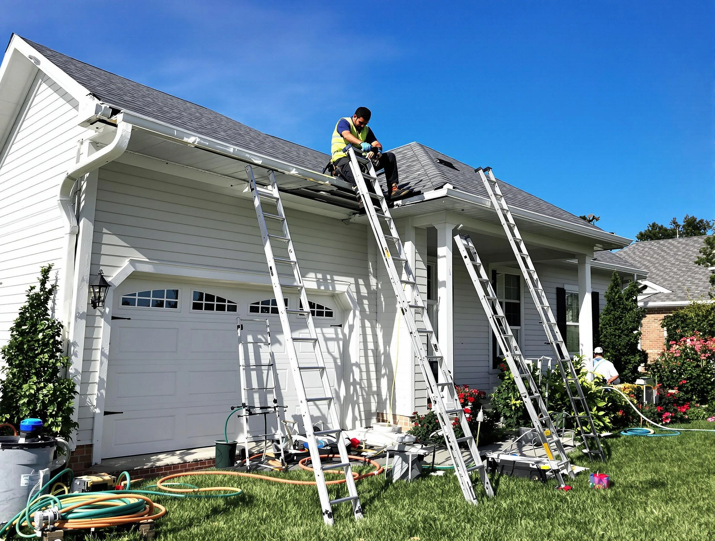 Removal of old gutters by Berea Roofing Company to install new system in Berea, OH